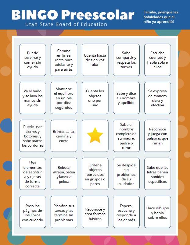 Preschool Bingo Side One Portrait Spanish